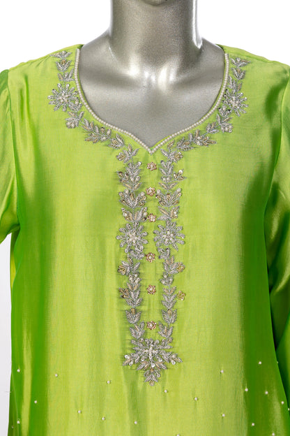 Fakhira – Lime Green Sheesha Silk embroidered suit with resham & gota work, farshi shalwar & organza dupatta by MariamRaj.