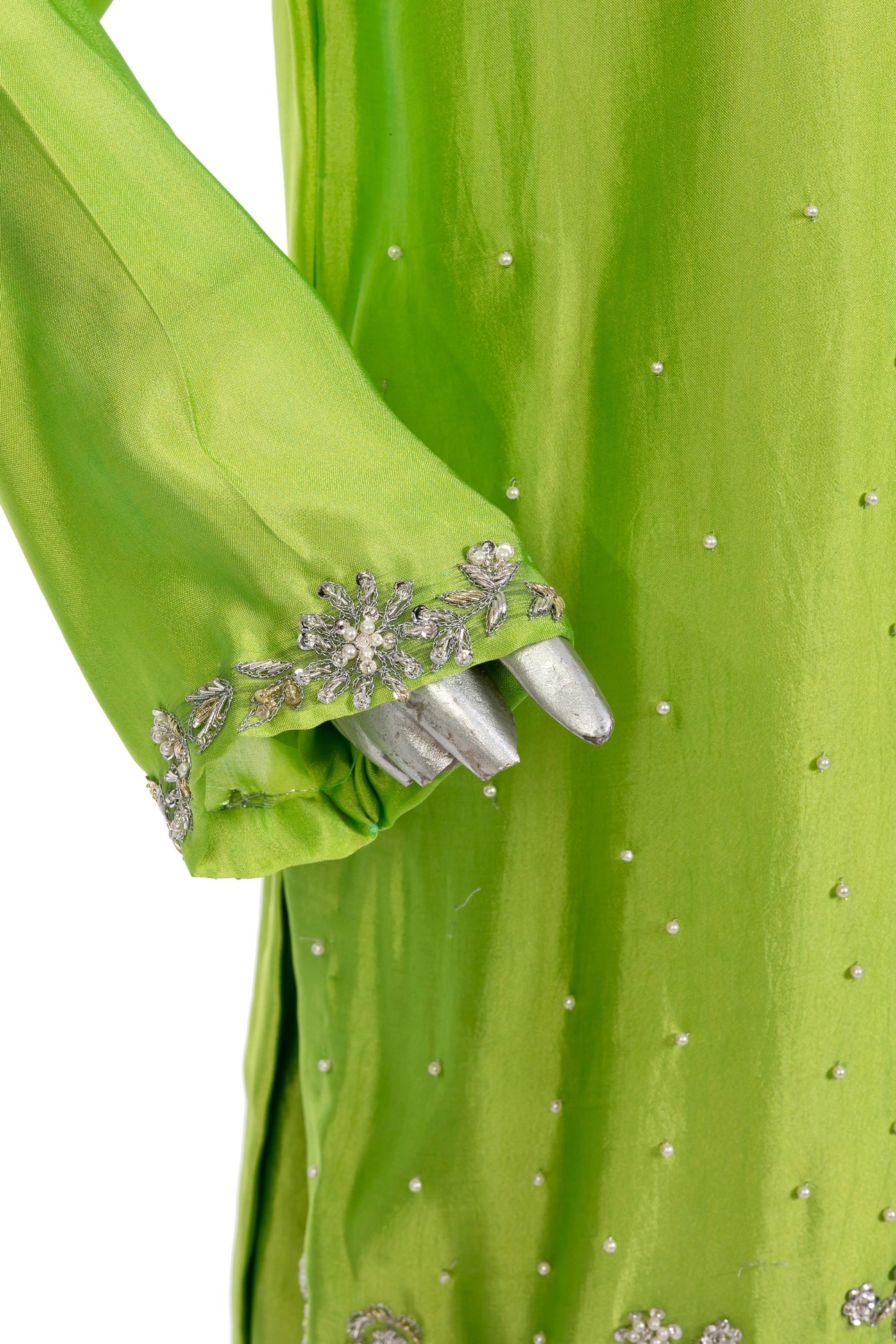 Fakhira – Lime Green Sheesha Silk embroidered suit with resham & gota work, farshi shalwar & organza dupatta by MariamRaj.