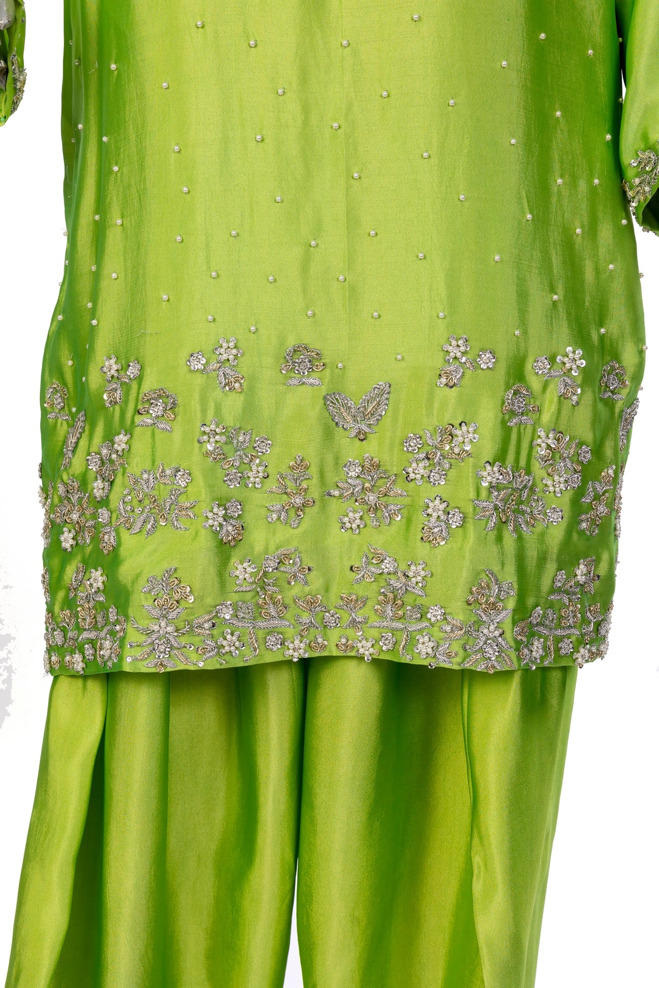 Fakhira – Lime Green Sheesha Silk embroidered suit with resham & gota work, farshi shalwar & organza dupatta by MariamRaj.