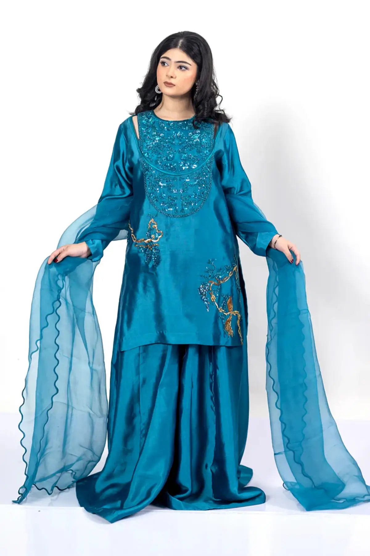 Faryal – Luxury Teal Silk Sharara Outfit with Dupatta for Formal Events