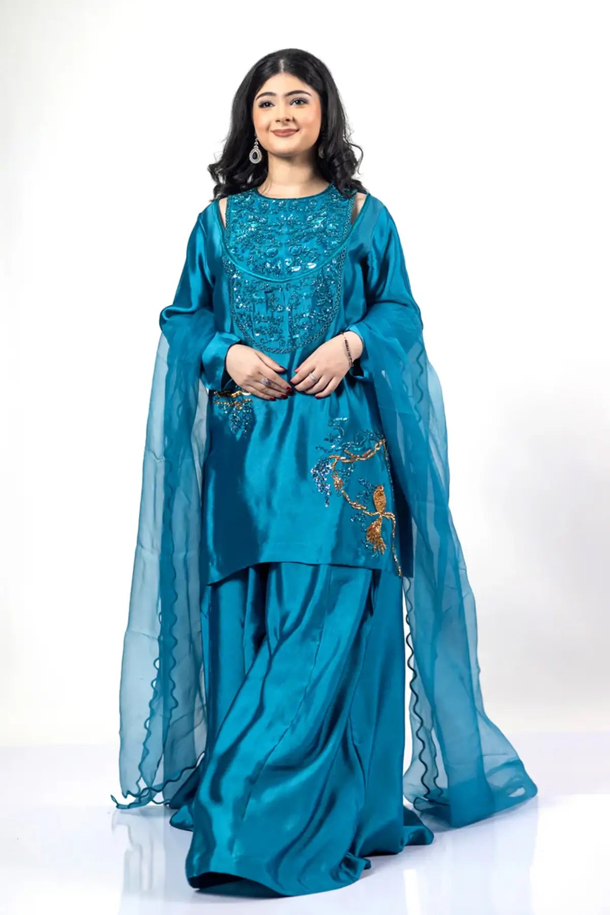 Faryal – Luxury Teal Silk Sharara Outfit with Dupatta for Formal Events
