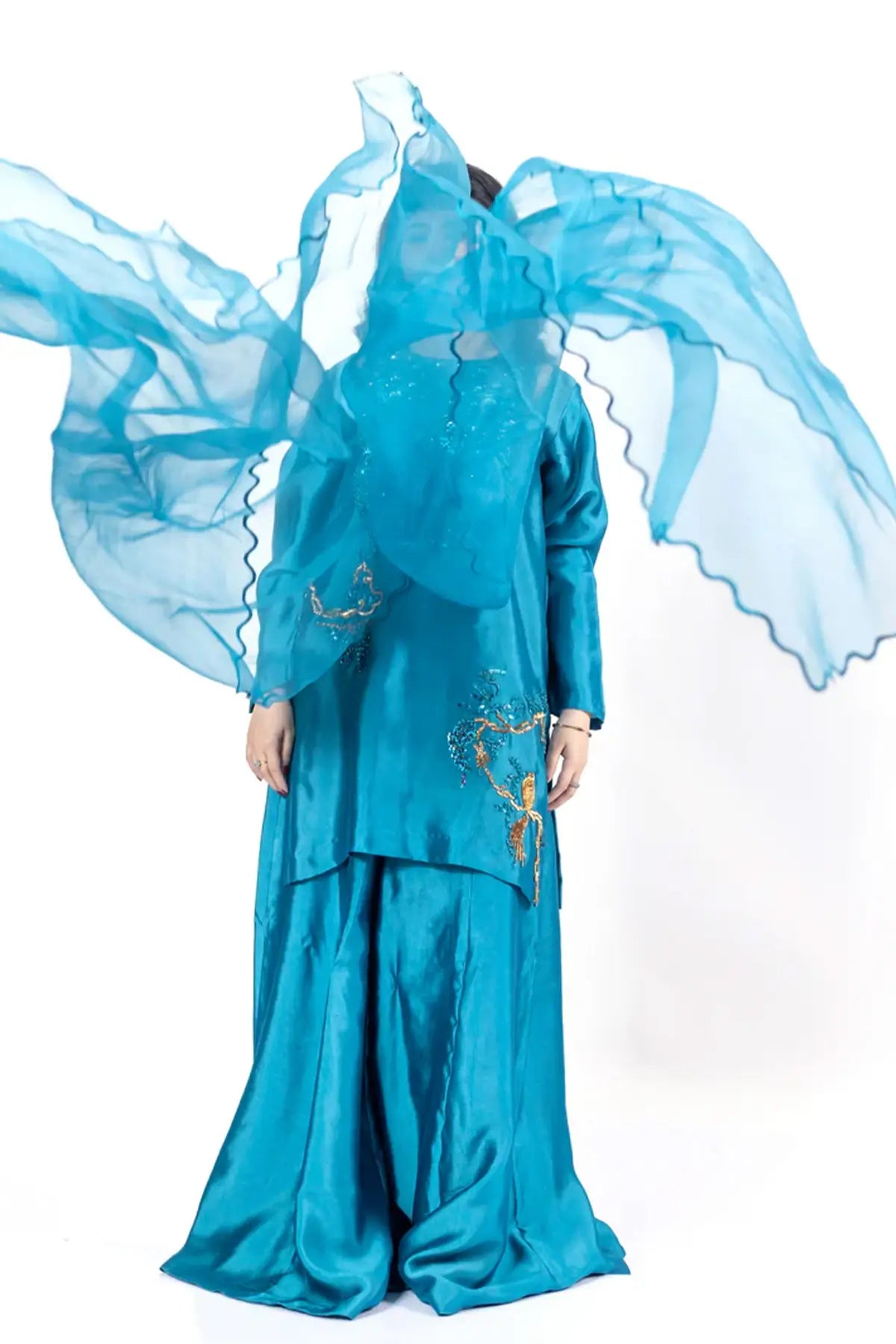 Faryal – Luxury Teal Silk Sharara Outfit with Dupatta for Formal Events