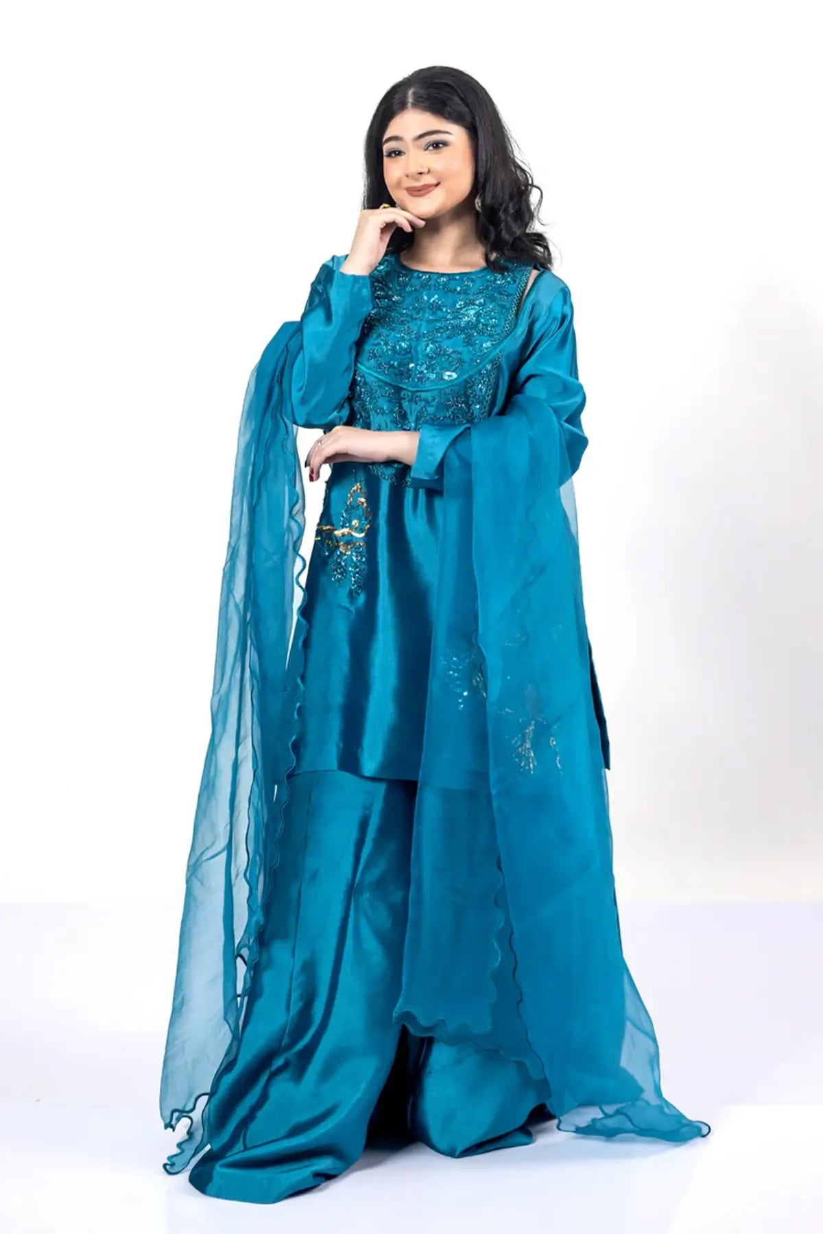 Faryal – Luxury Teal Silk Sharara Outfit with Dupatta for Formal Events