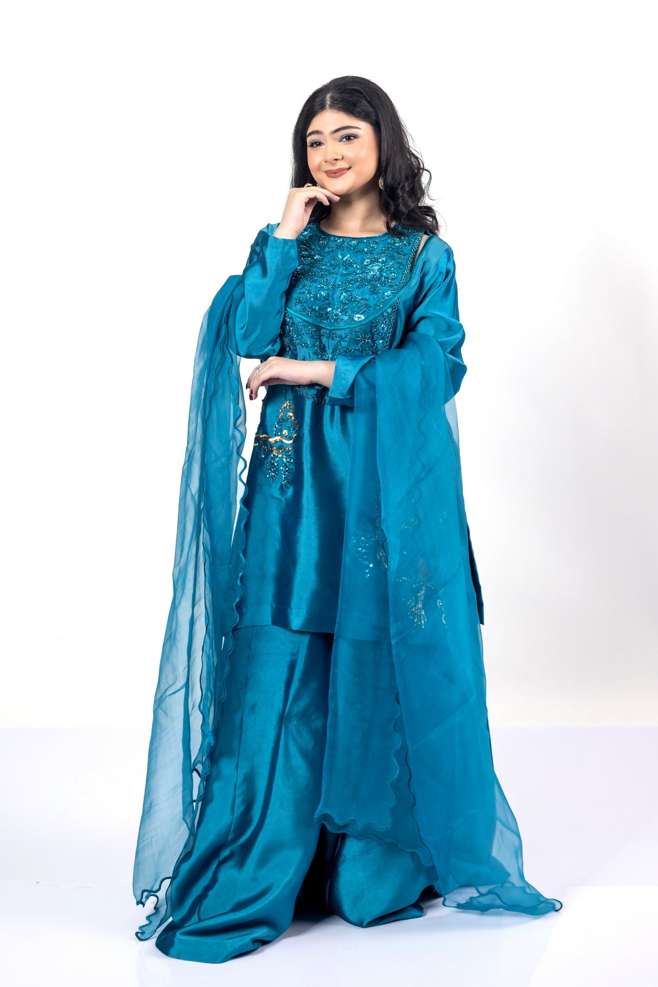 Faryal Teal Silk Sharara Set with Organza Dupatta by MariamRaj for evening events