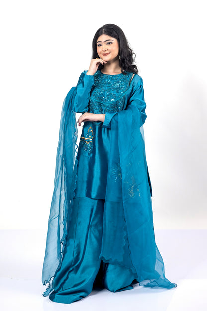 Faryal Teal Silk Sharara Set with Organza Dupatta by MariamRaj for evening events