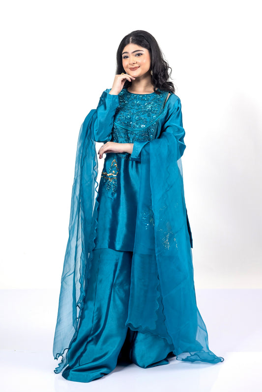 Faryal Teal Silk Sharara Set with Organza Dupatta by MariamRaj for evening events