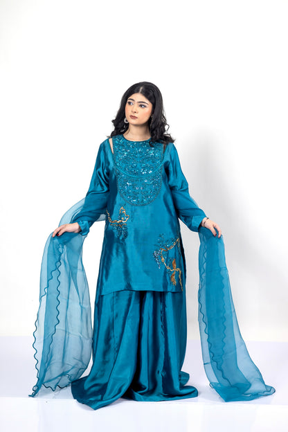 Faryal Teal Silk Sharara Set with Organza Dupatta by MariamRaj for evening events