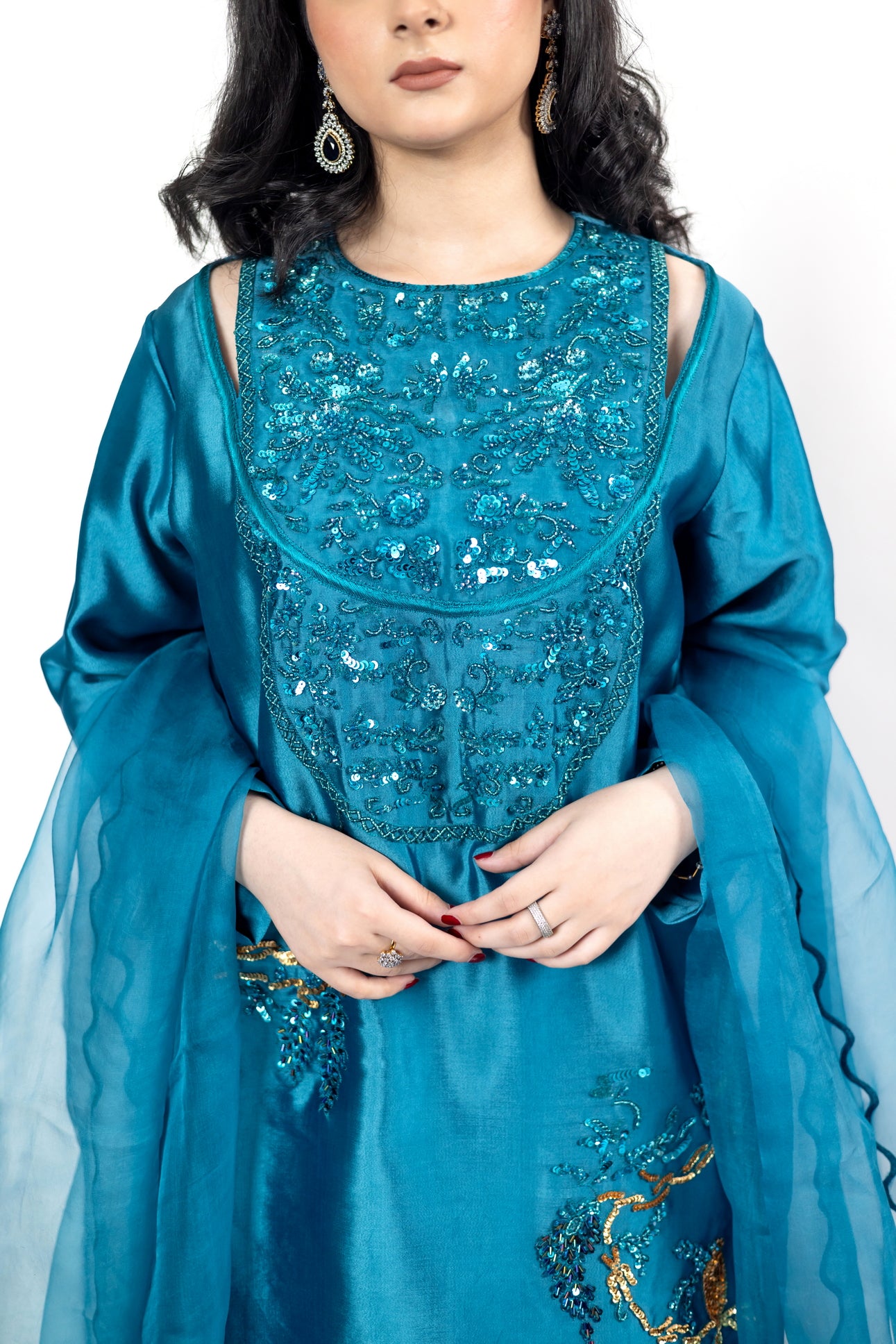 Faryal Teal Silk Sharara Set with Organza Dupatta by MariamRaj for evening events