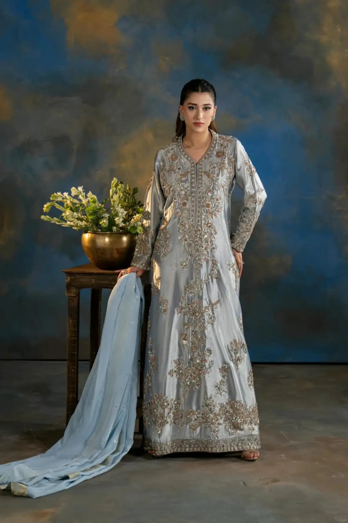 Feroza ice blue embellished Lama silk wedding formal kaftan with silk pants and organza dupatta by MariamRaj