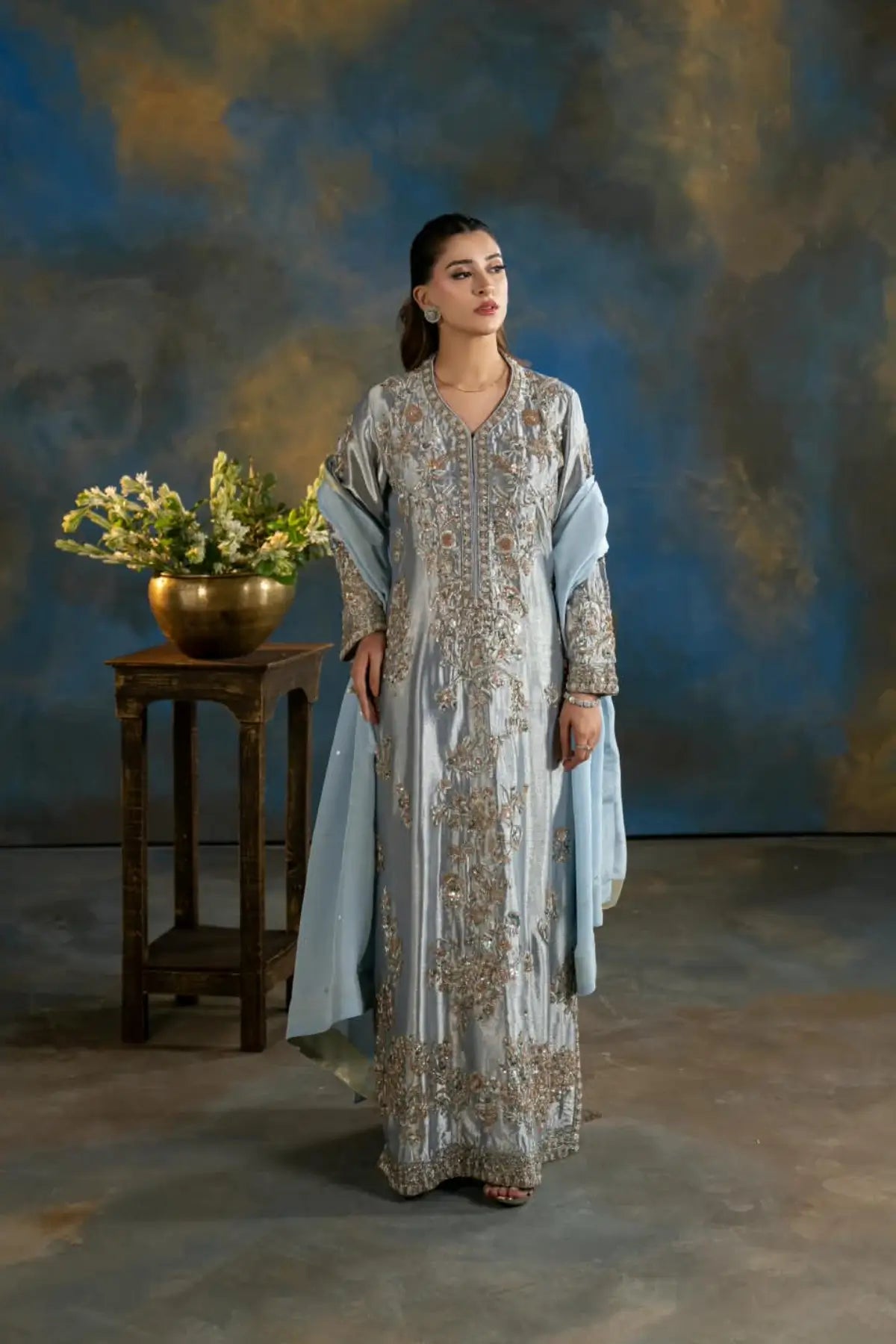 Feroza ice blue embellished Lama silk wedding formal kaftan with silk pants and organza dupatta by MariamRaj