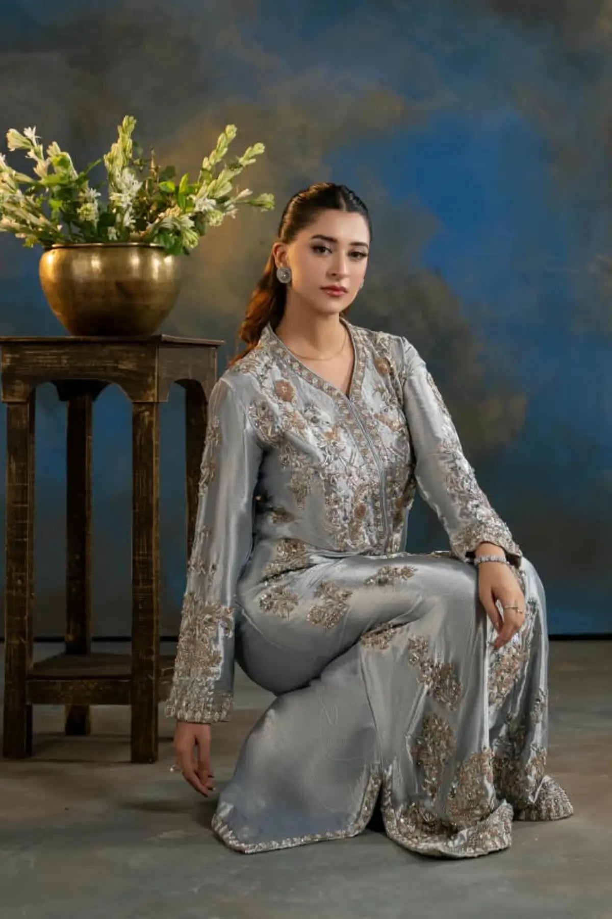 Feroza ice blue embellished Lama silk wedding formal kaftan with silk pants and organza dupatta by MariamRaj