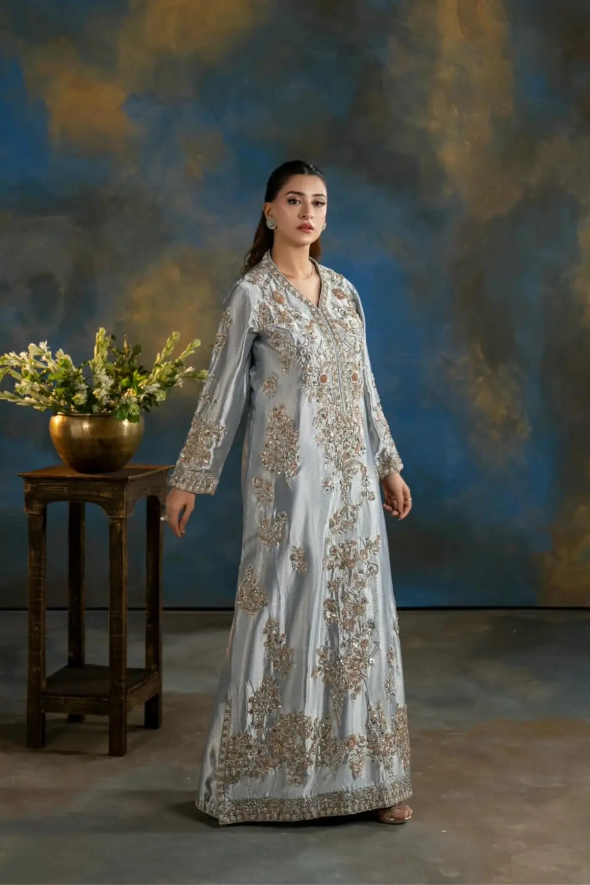 Feroza ice blue embellished Lama silk wedding formal kaftan with silk pants and organza dupatta by MariamRaj