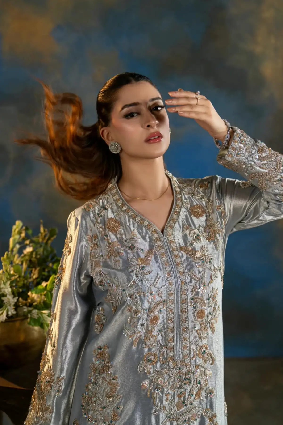 Feroza ice blue embellished Lama silk wedding formal kaftan with silk pants and organza dupatta by MariamRaj