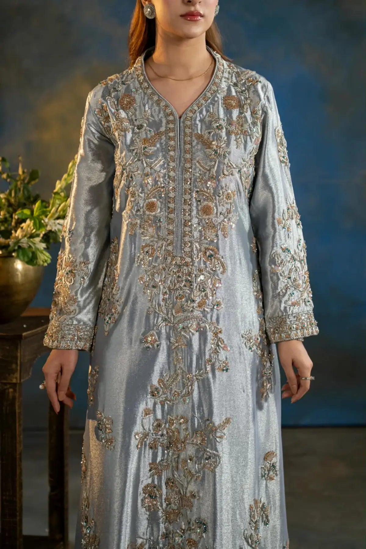 Feroza ice blue embellished Lama silk wedding formal kaftan with silk pants and organza dupatta by MariamRaj