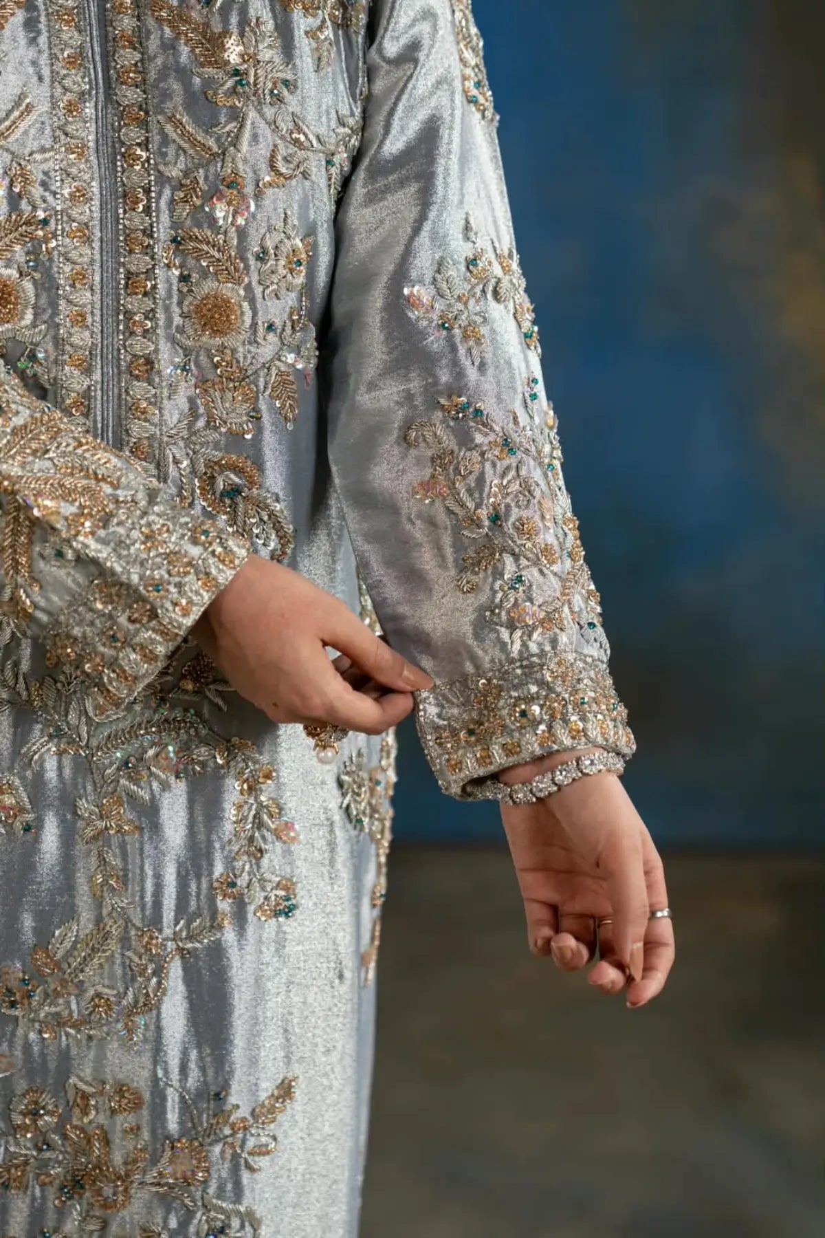 Feroza ice blue embellished Lama silk wedding formal kaftan with silk pants and organza dupatta by MariamRaj