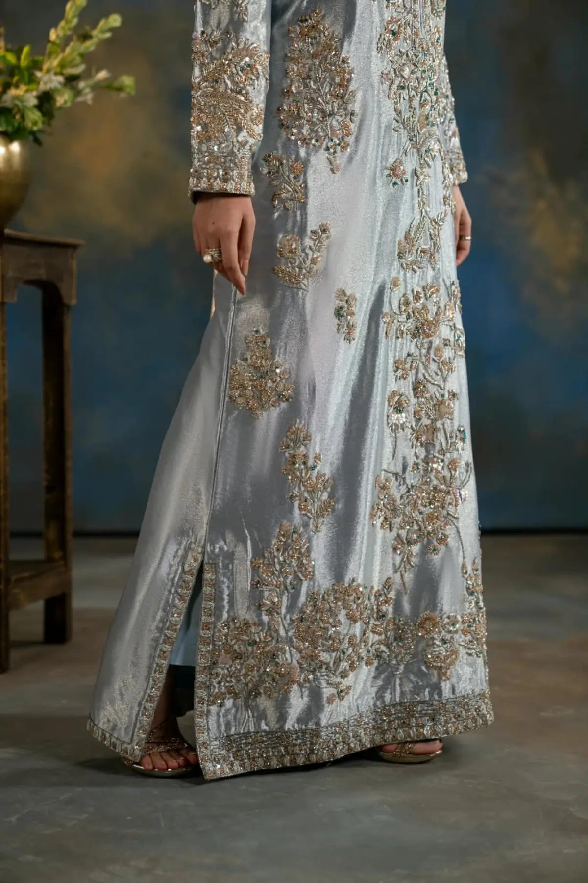 Feroza ice blue embellished Lama silk wedding formal kaftan with silk pants and organza dupatta by MariamRaj