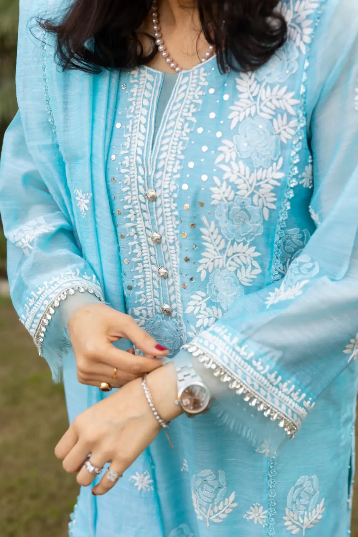 Ferozi Blossom- Elegant Ferozi and white Chikan Kari Outfit