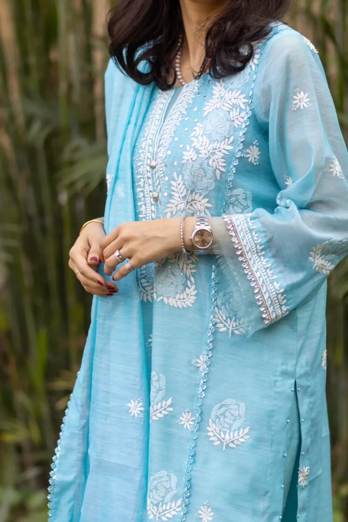 Ferozi Blossom- Elegant Ferozi and white Chikan Kari Outfit