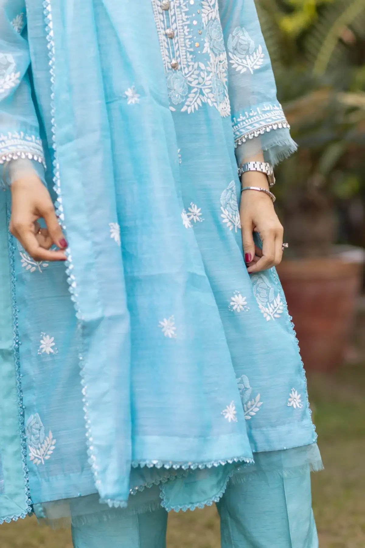 Ferozi Blossom- Elegant Ferozi and white Chikan Kari Outfit