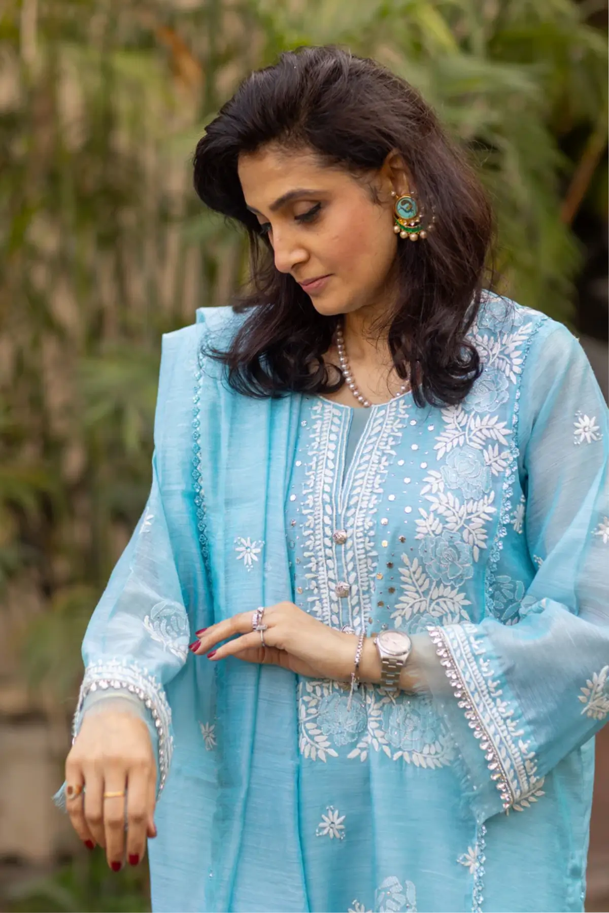 Ferozi Blossom- Elegant Ferozi and white Chikan Kari Outfit