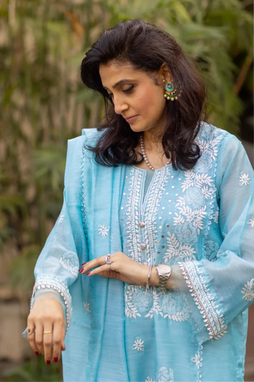 Ferozi Blossom- Elegant Ferozi and white Chikan Kari Outfit