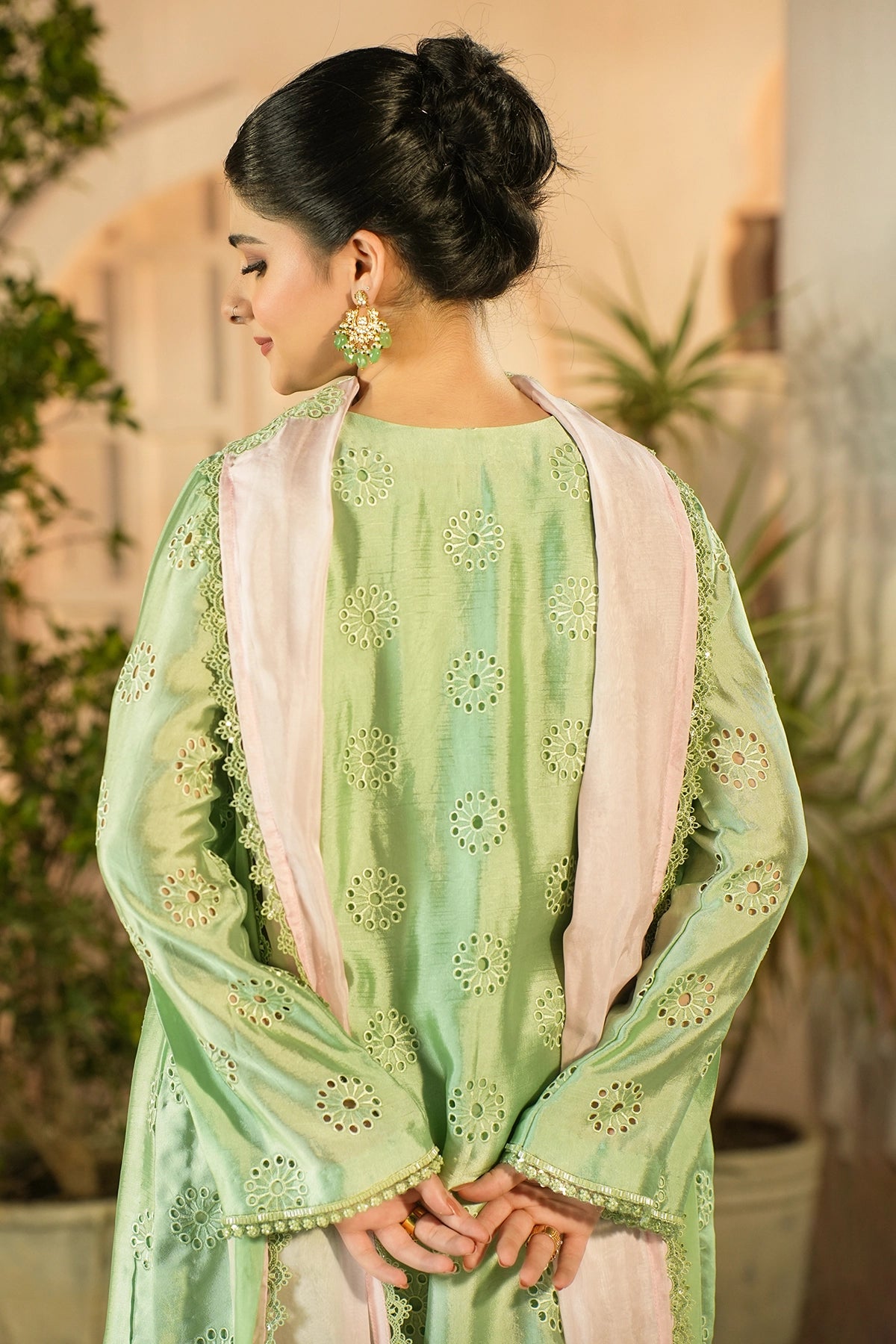 Florence Pistachio Green Signature Embroidered Sheesha Silk Suit with Balloon Pants and Medium Silk Choker Dupatta by MariamRaj
