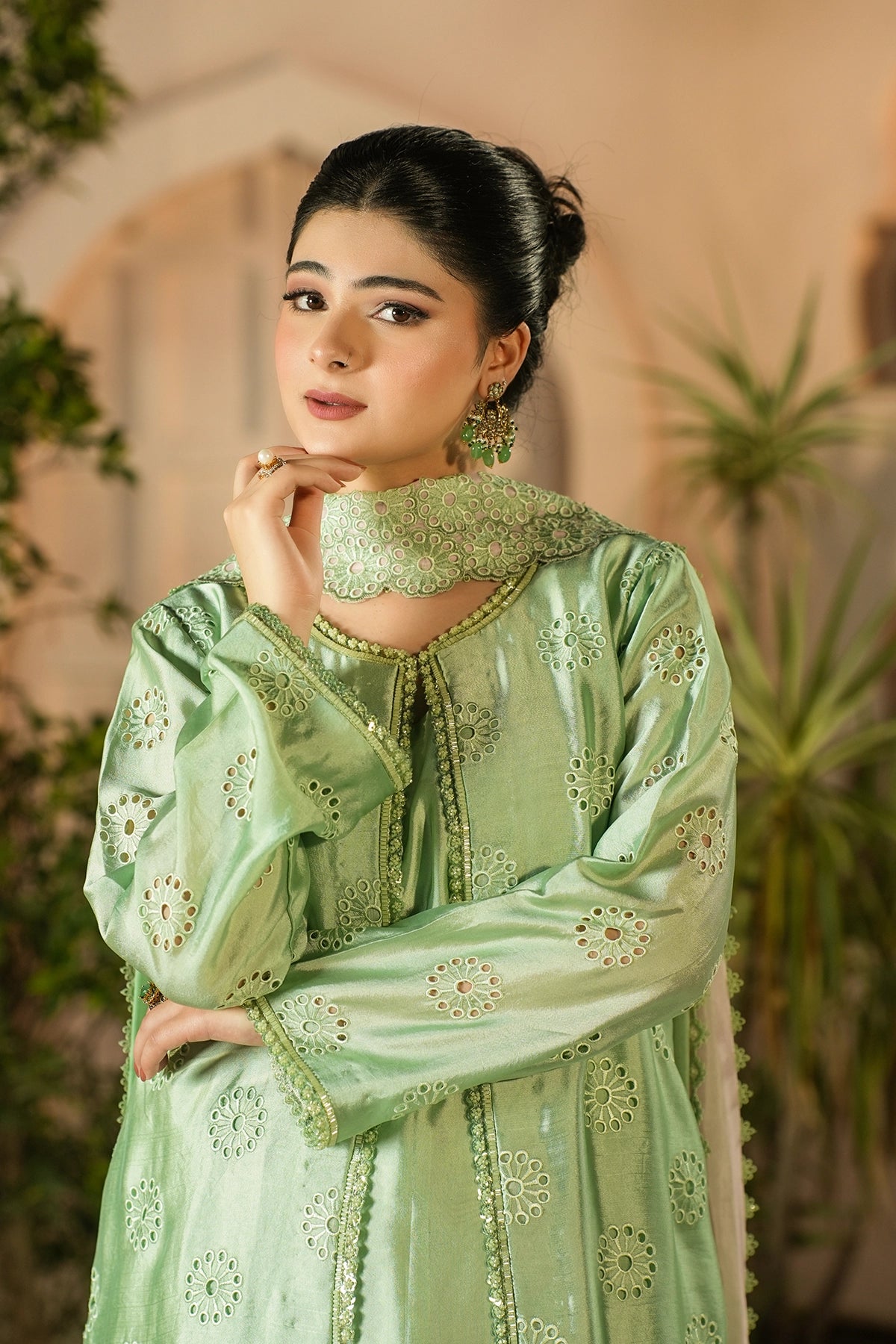 Florence Pistachio Green Signature Embroidered Sheesha Silk Suit with Balloon Pants and Medium Silk Choker Dupatta by MariamRaj