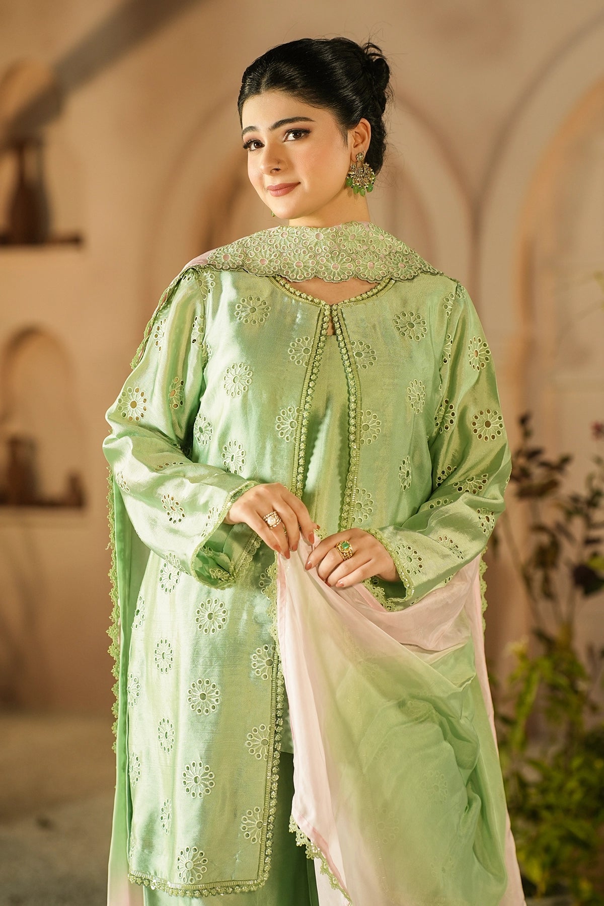 Florence Pistachio Green Signature Embroidered Sheesha Silk Suit with Balloon Pants and Medium Silk Choker Dupatta by MariamRaj