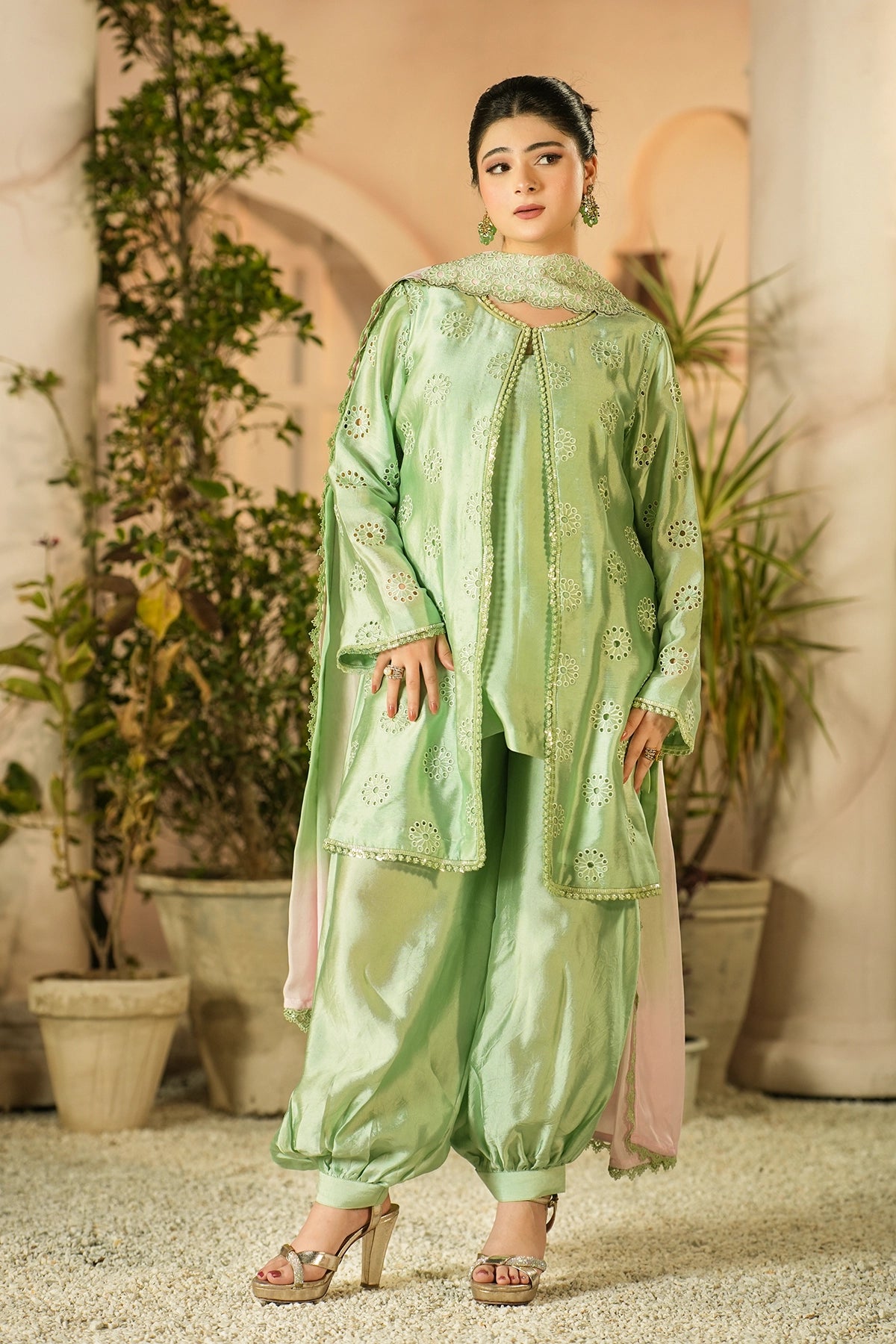 Florence Pistachio Green Signature Embroidered Sheesha Silk Suit with Balloon Pants and Medium Silk Choker Dupatta by MariamRaj