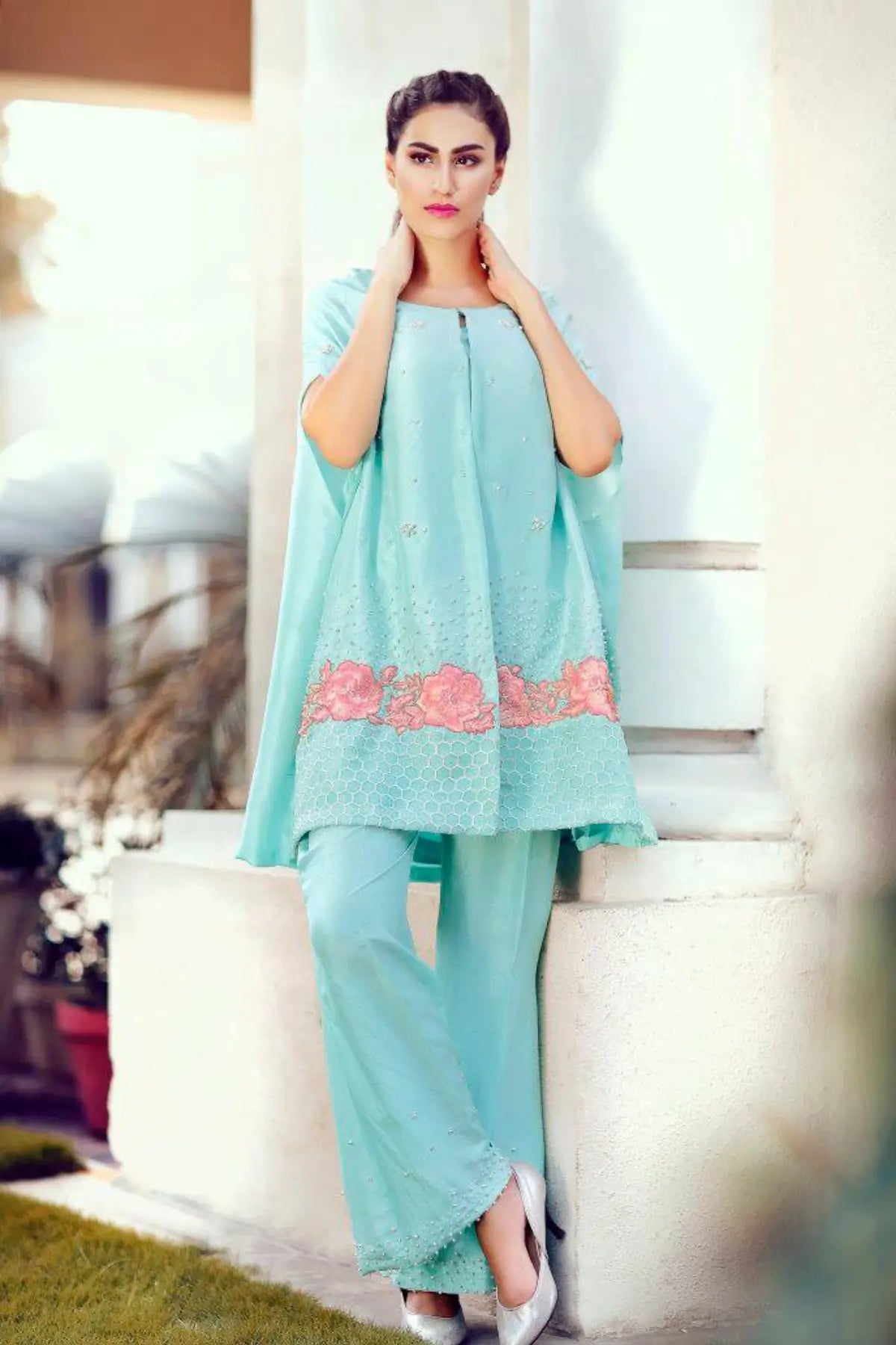 Frozen- Stylish Ice Blue Designer Silk Cape with Pearls and Roses