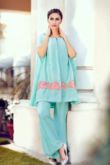 Frozen- Stylish Ice Blue Designer Silk Cape with Pearls and Roses