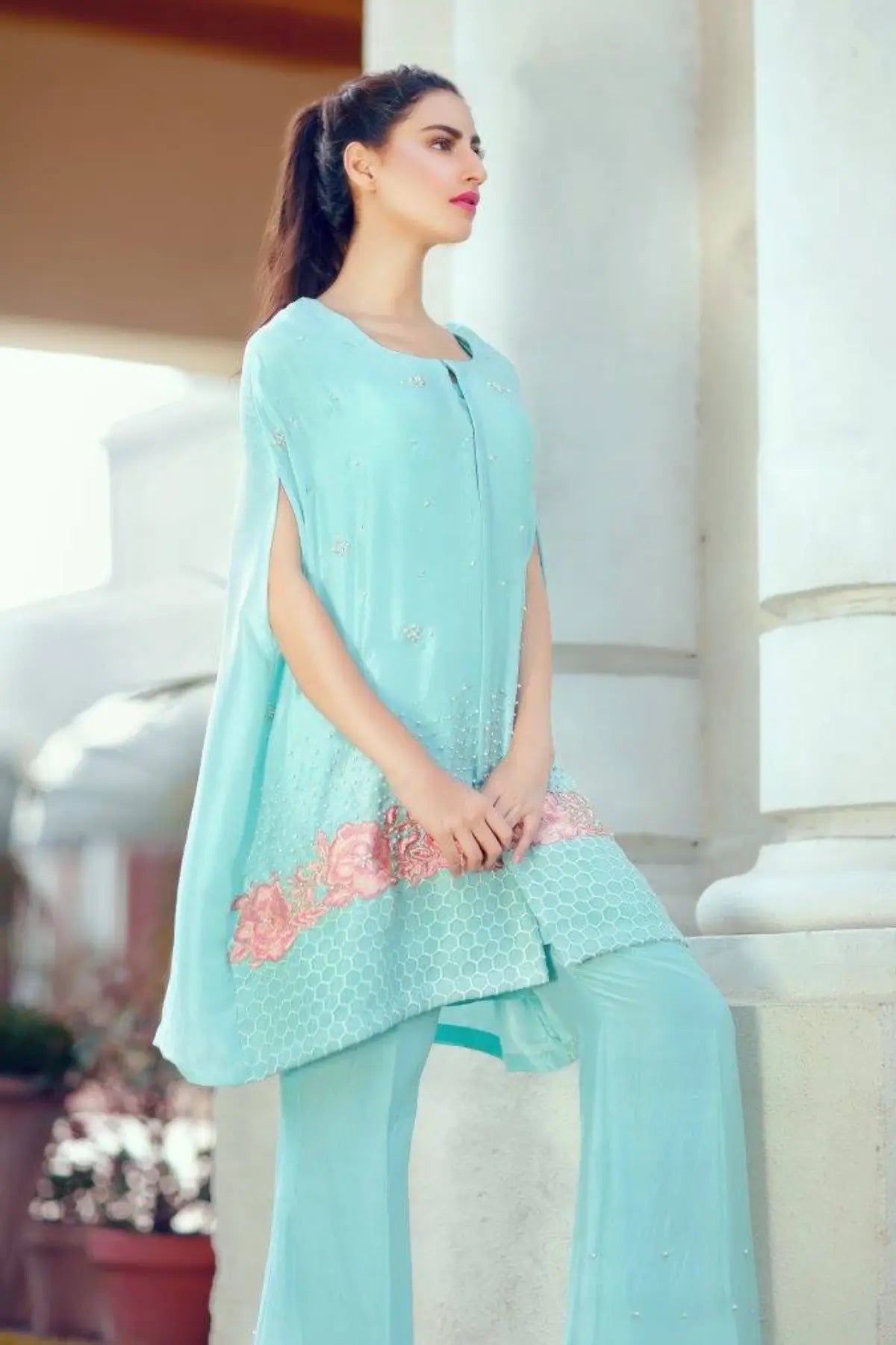 Frozen- Stylish Ice Blue Designer Silk Cape with Pearls and Roses