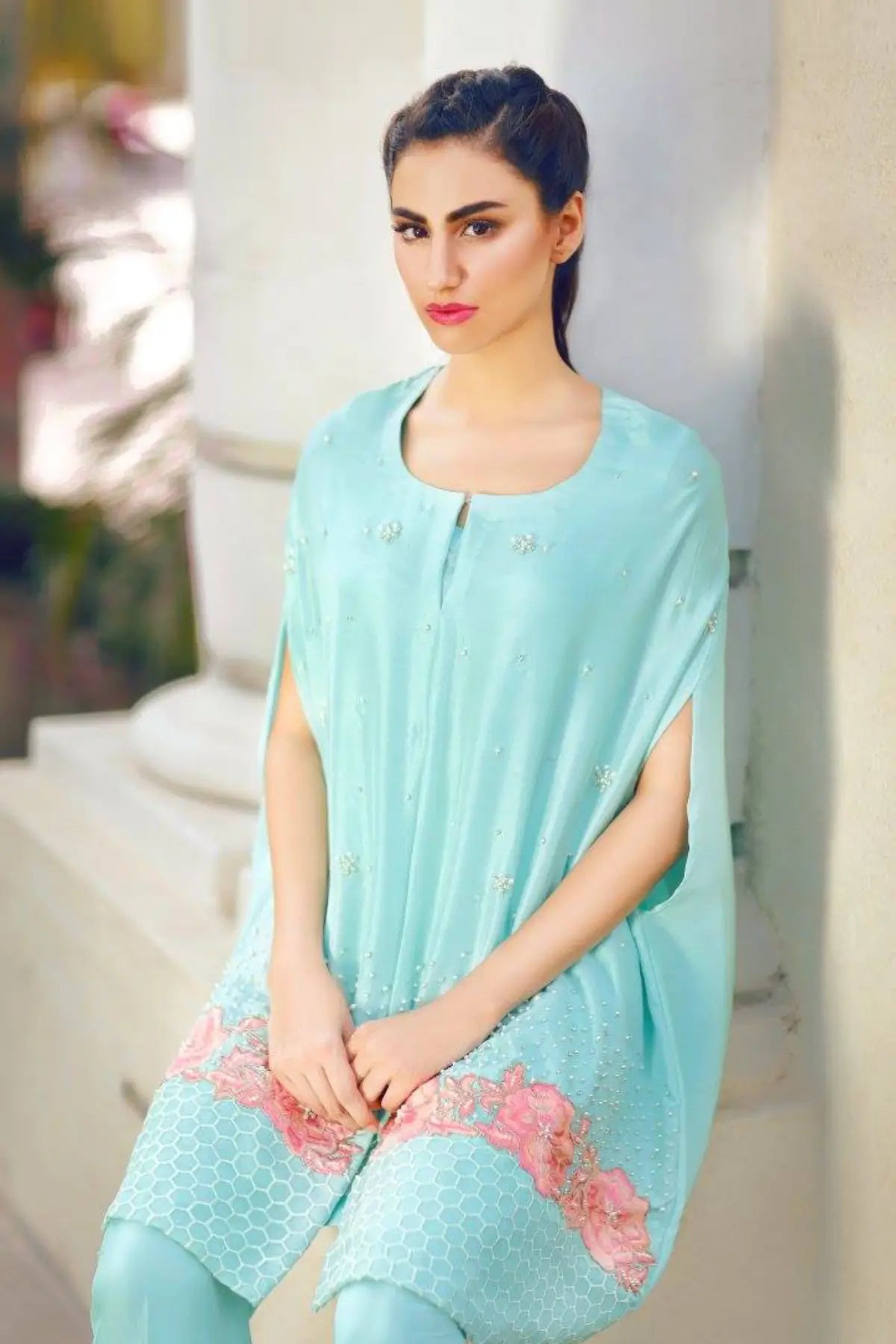 Frozen- Stylish Ice Blue Designer Silk Cape with Pearls and Roses