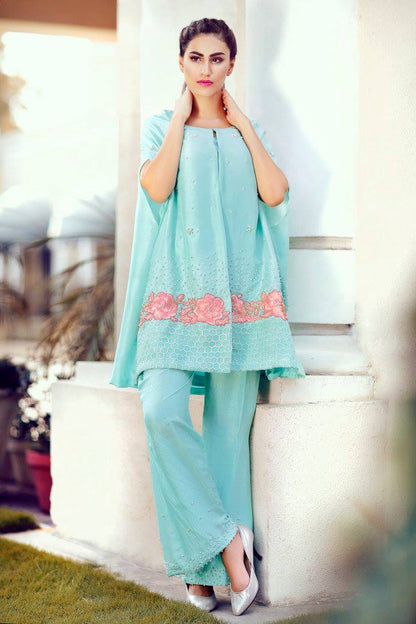 Frozen- Stylish Ice Blue Designer Silk Cape with Pearls and Roses
