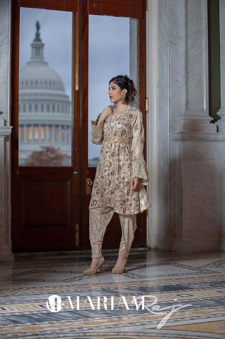 Gold Dust- Pakistani Kundan Zari Short  Frock with Shalwar