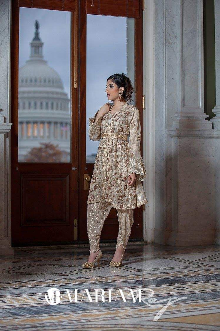 Gold Dust- Pakistani Kundan Zari Short  Frock with Shalwar