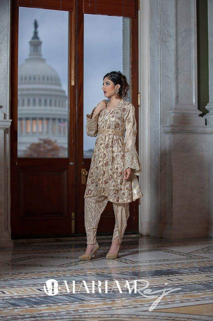 Gold Dust- Pakistani Kundan Zari Short  Frock with Shalwar