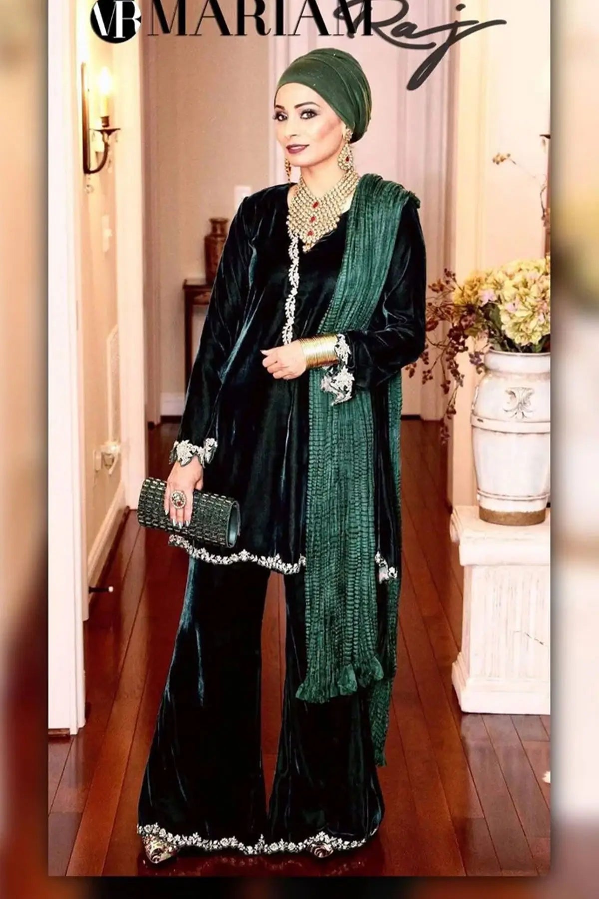 Green Jewel- Designer Embroidered Velvet Peplum Frock with Pants