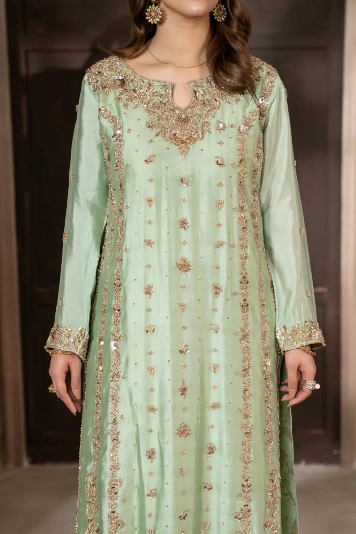 Gulbahar mint green handworked Sheesha silk formal suit with peach organza dupatta by MariamRaj