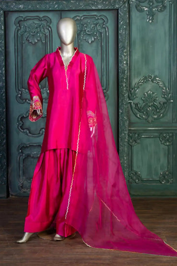 Gulnoor-Traditional Majenta pink Silk outfit with Farshi Shalwar