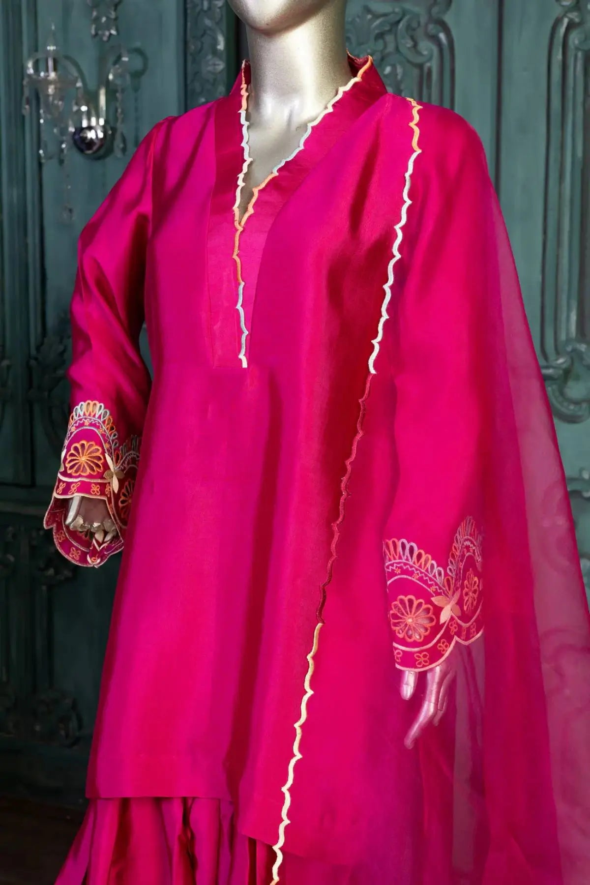 Gulnoor-Traditional Majenta pink Silk outfit with Farshi Shalwar