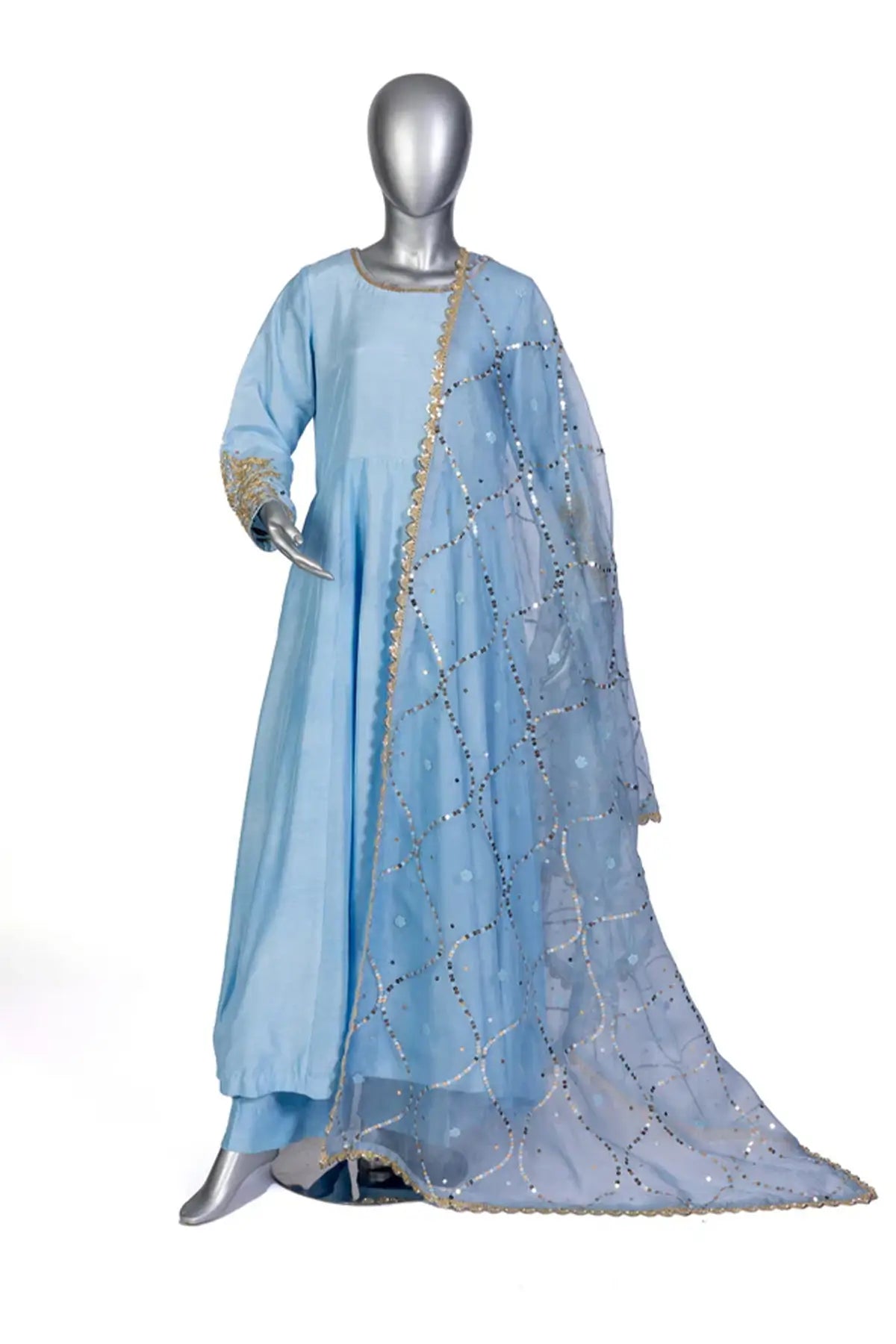 Hafsa – Sky Blue Silk Anarkali Set for Formal Celebrations and Parties