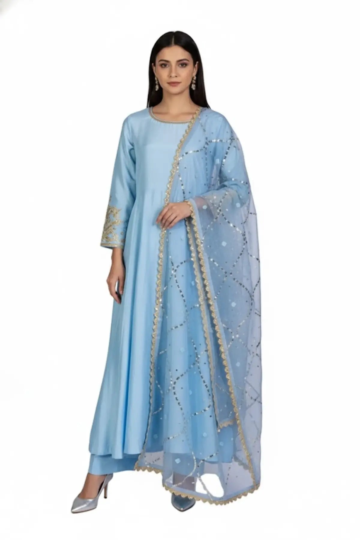 Hafsa – Sky Blue Silk Anarkali Set for Formal Celebrations and Parties