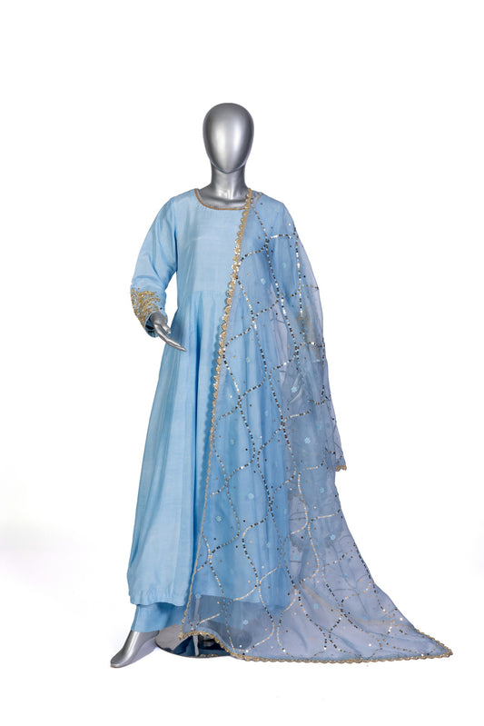 Hafsa Sky Blue Pure Silk Anarkali Set with Hand Embroidery, Straight Pants, and Organza Dupatta by MariamRaj for Formal Celebrations and Parties