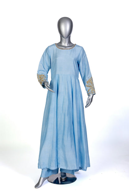 Hafsa Sky Blue Pure Silk Anarkali Set with Hand Embroidery, Straight Pants, and Organza Dupatta by MariamRaj for Formal Celebrations and Parties