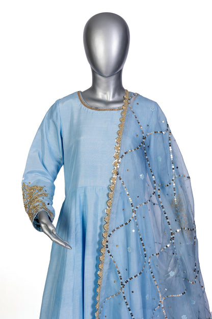 Hafsa Sky Blue Pure Silk Anarkali Set with Hand Embroidery, Straight Pants, and Organza Dupatta by MariamRaj for Formal Celebrations and Parties