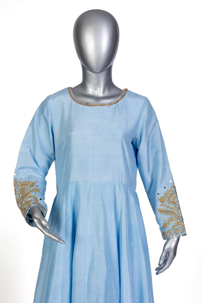 Hafsa Sky Blue Pure Silk Anarkali Set with Hand Embroidery, Straight Pants, and Organza Dupatta by MariamRaj for Formal Celebrations and Parties