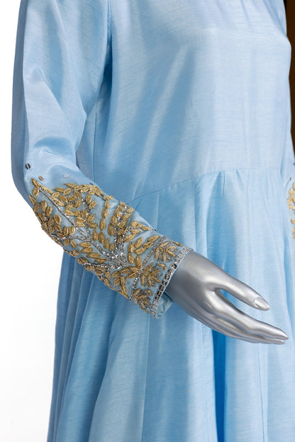 Hafsa Sky Blue Pure Silk Anarkali Set with Hand Embroidery, Straight Pants, and Organza Dupatta by MariamRaj for Formal Celebrations and Parties