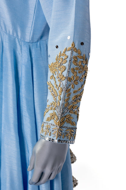 Hafsa Sky Blue Pure Silk Anarkali Set with Hand Embroidery, Straight Pants, and Organza Dupatta by MariamRaj for Formal Celebrations and Parties