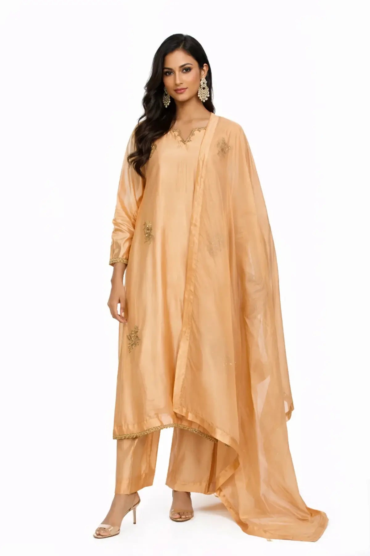 Haniya – Peach Gold Sheesha Silk embroidered suit with hand motifs, straight trouser & silk dupatta by MariamRaj.
